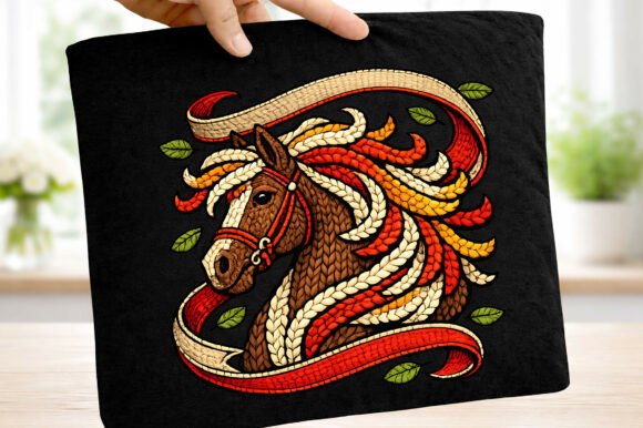 Autumn Horse Embroidery Illustration PNG