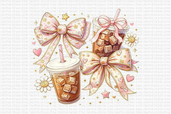 Elevate Your Designs with Cute Iced Coffee Bows PNG