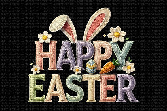 Embroidered Happy Easter PNG: Spring Design