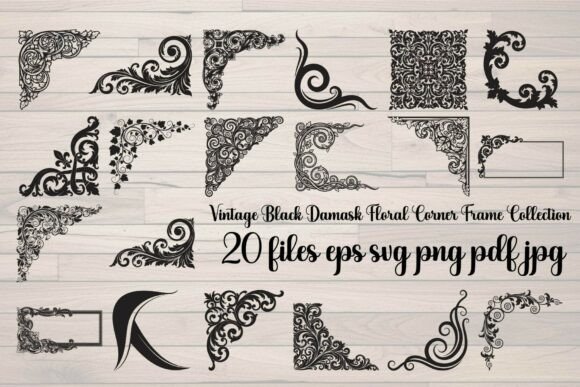 Vintage Black Damask Floral Corner Frame