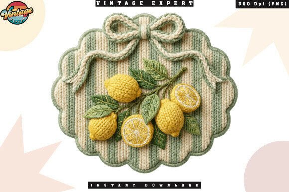 Vintage Lemon Frame Crochet Yarn PNG